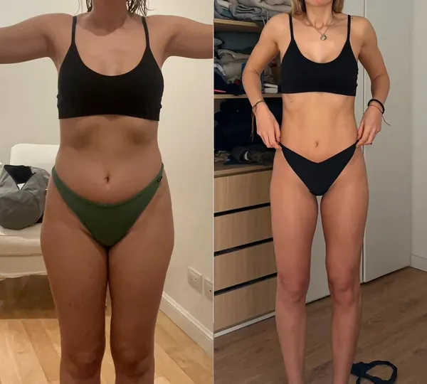 Antes y después, lado a lado: 10 kg menos y una cintura más definida.