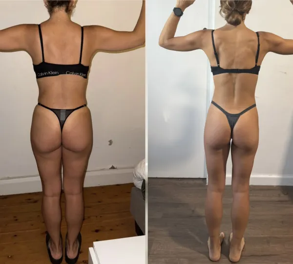 Antes y después, lado a lado: más definición en espalda, cintura y piernas.
