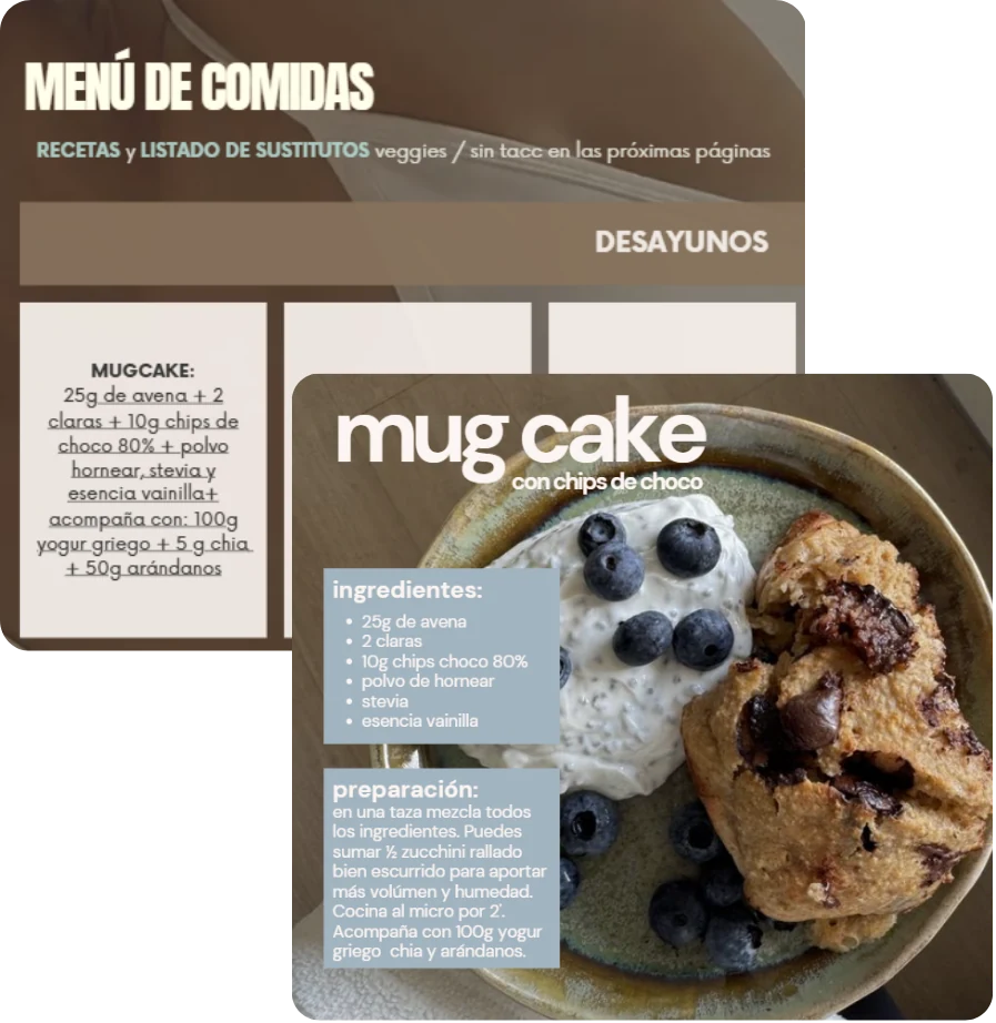 Menú de comidas de Summer con la receta de mug cake con chips de chocolate.