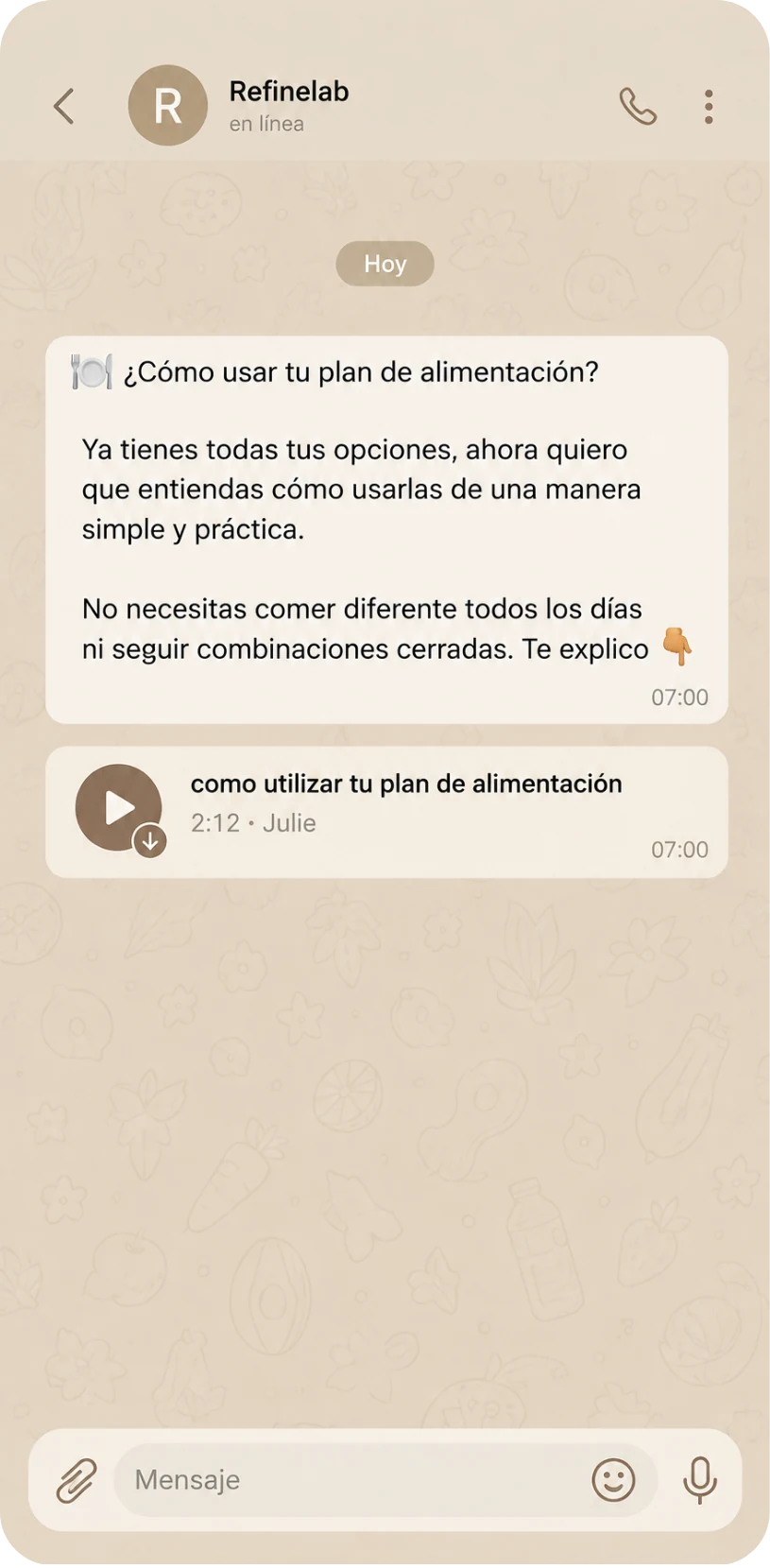 Conversación del canal de Telegram de Refinelab con una explicación y un audio de Julie.